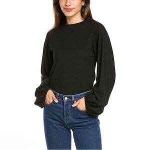 Vince Womens Puff Sleeve Wool-Blend Top Size XS Black Minimalist Neutral Office